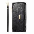 iPhone 17 Pungetui med blomster- og bladmønster med lynlåslomme og håndledsrem - Sort