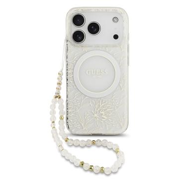 iPhone 17 Pro Guess IML Flowers Allover Electro Cover med Perlestrop - MagSafe-kompatibel - Hvid