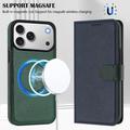 iPhone 17 Pro Max aftageligt pungetui med MagSafe, RFID-beskyttelse og håndrem - blå / grøn