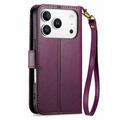 iPhone 17 Pro Max Pungetui med blomster- og bladmønster med lynlåslomme og håndledsrem - Lilla