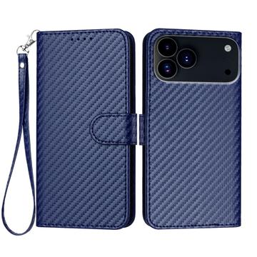 iPhone 17 Pro Max Premium Wallet-etui med rem - kulfiberstruktur - Kulstofblå