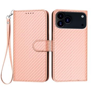 iPhone 17 Pro Max Premium Wallet-etui med rem - kulfiberstruktur - Kulstoflyserød