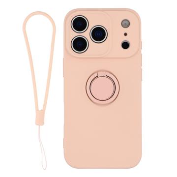 iPhone 18 Pro Flydende silikone cover med ringholder og håndledsrem - lyserød