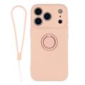 iPhone 18 Pro Max Flydende silikone cover med ringholder og håndledsrem - lyserød