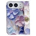 iPhone Duo Cover med præget akvarelblomstermønster og håndledsrem - Blå
