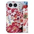 iPhone Duo Cover med præget akvarelblomstermønster og håndledsrem - rød