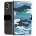 iPhone X / iPhone XS Premium Flip Cover med Pung - Blå Camouflage