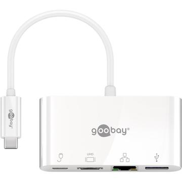 Goobay USB-C til HDMI, USB 3.0, Ethernet & PD Adapter - Hvid