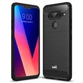 Saii Børstet LG V40 ThinQ TPU Cover - Karbonfiber - Sort