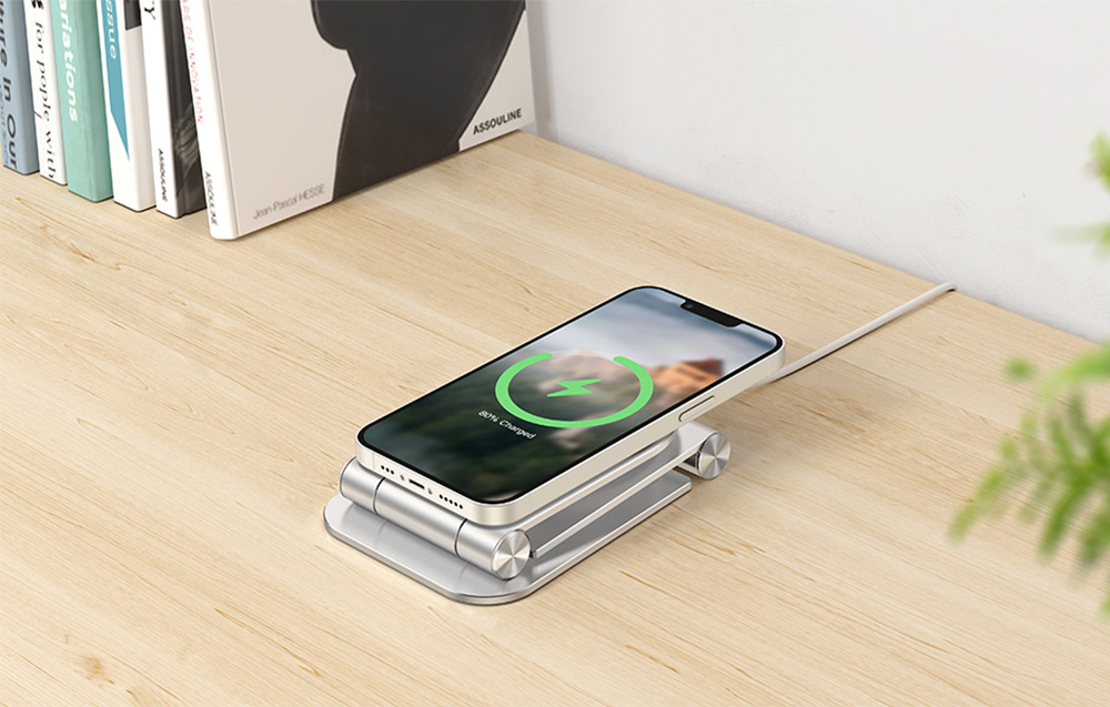 iPhone 12/13/14/15 Omoton MS02 holder/stander til MagSafe-oplader - sølv