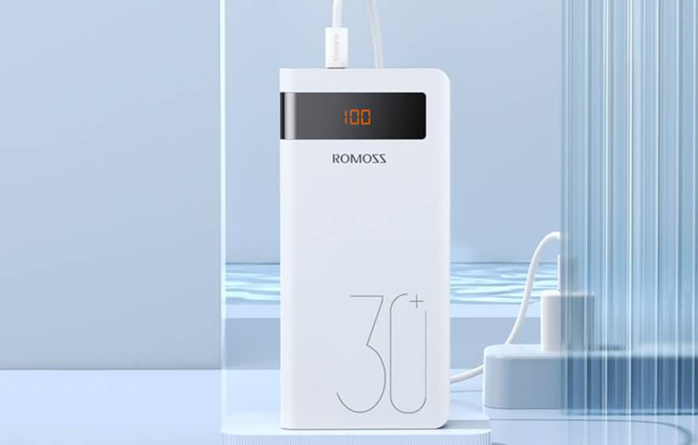 Romoss Sense 8P+ Power Bank 30000mAh m. LED-display - 2xUSB-A, USB-C - Hvid