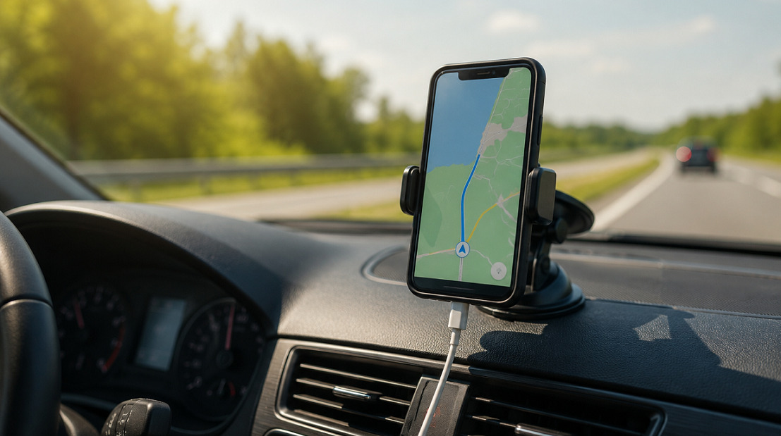 Navigation i bilen GPS, mobildata, sk&aelig;rm og eventuelt sol gennem forruden kan give h&oslash;j temperatur