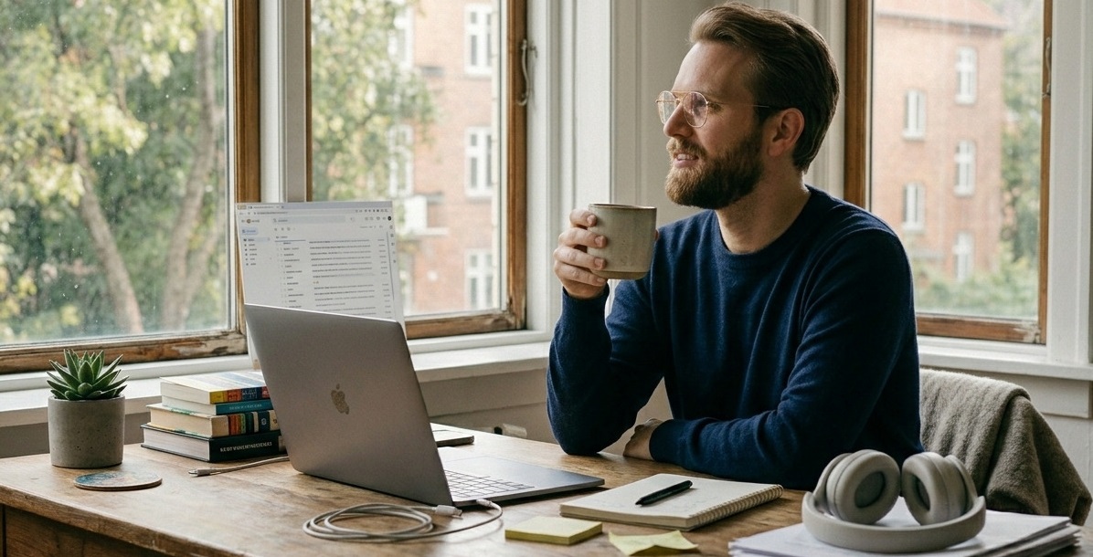 Person tager en pause fra sk&aelig;rmarbejde for at reducere digital stress