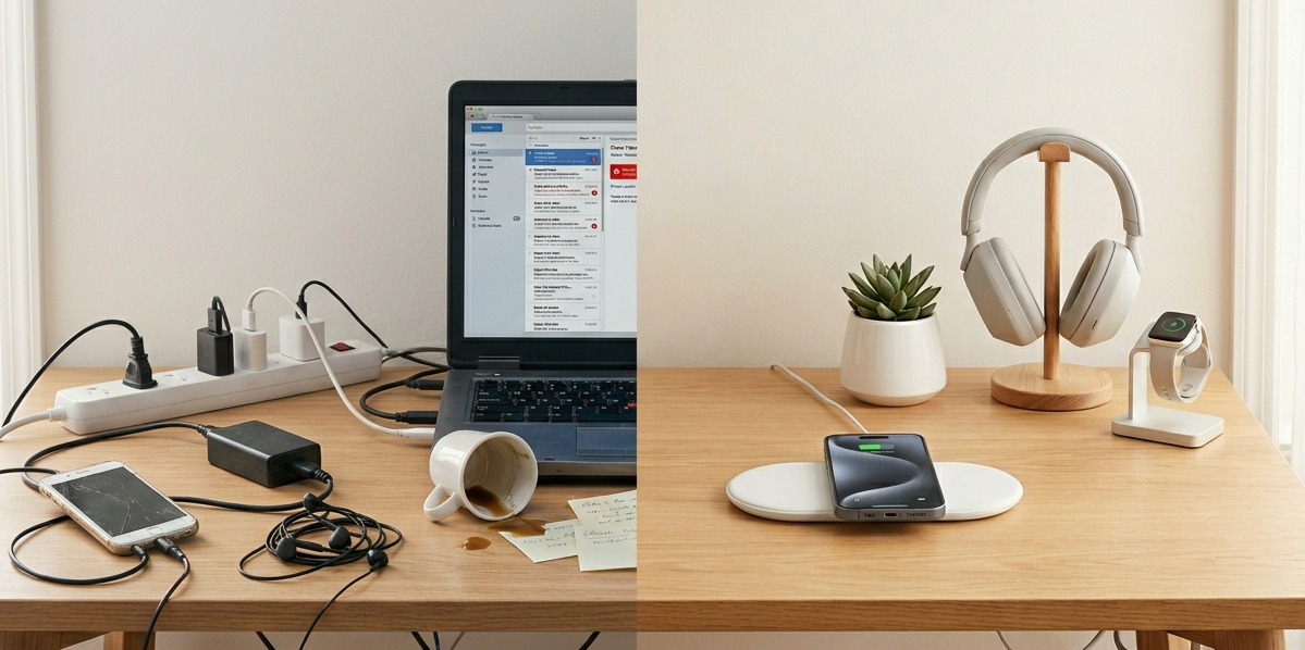 Minimalistisk setup med MagSafe oplader og mobilholder uden kabelrod