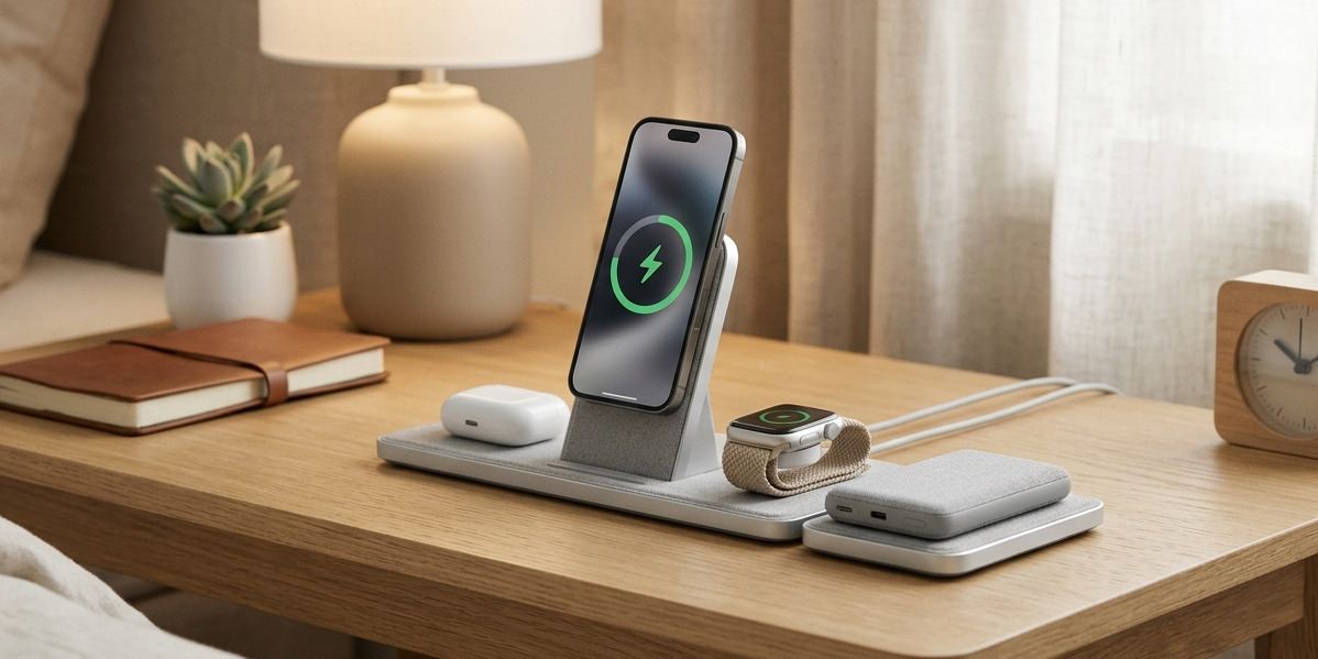 Tr&aring;dl&oslash;s oplader og docking station til smartphone, smartwatch og h&oslash;retelefoner uden kabler