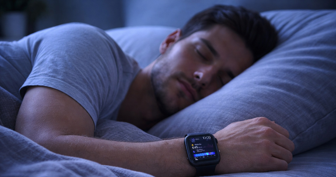 person sover med smartwatch der måler søvn og søvnfaser om natten