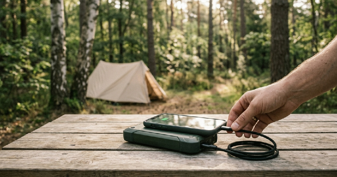Powerbank oplader telefon i naturen under camping