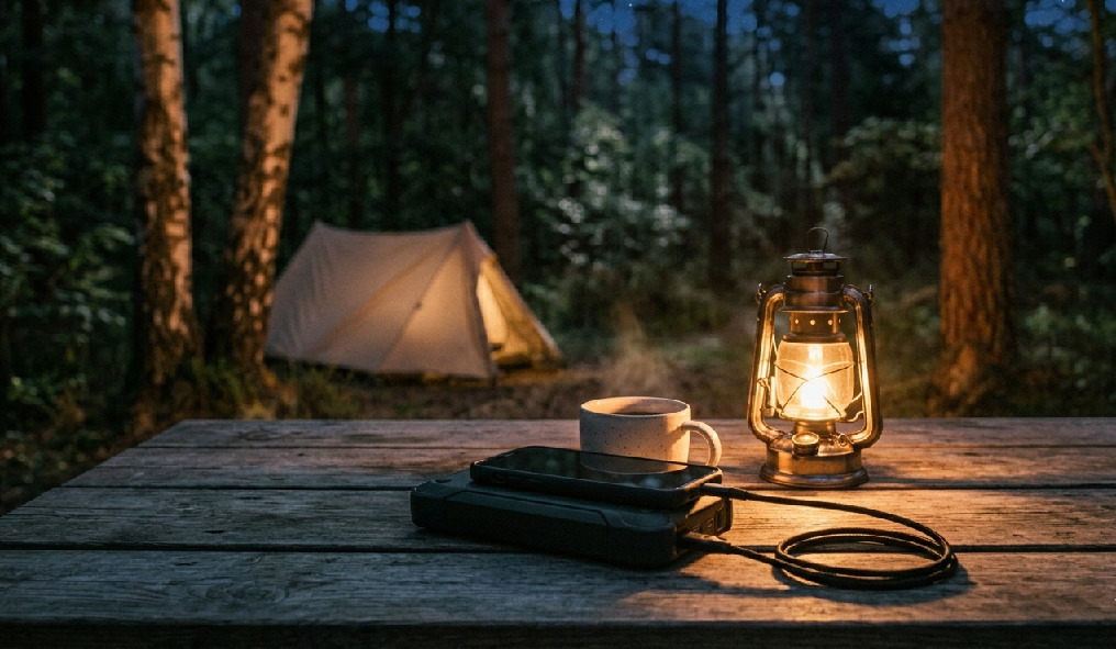 Camping i mørke med varm belysning og hygge stemning