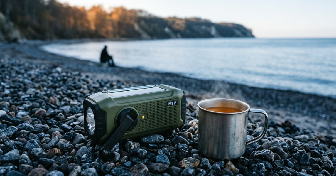 Minimalistisk camping setup i naturen med smartphone og kaffe