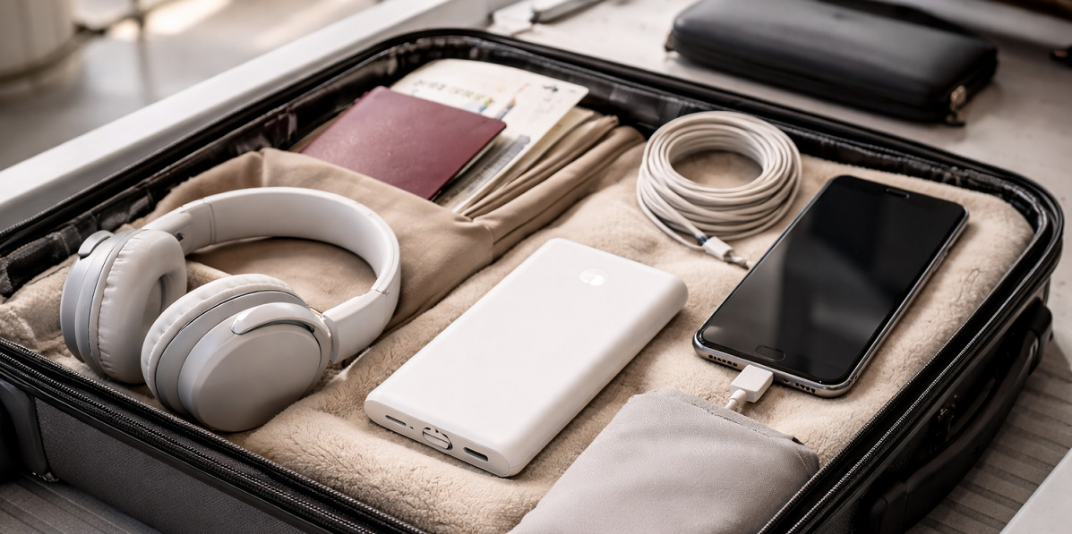 20.000 mAh powerbank i h&aring;ndbagage sammen med pas og rejseudstyr