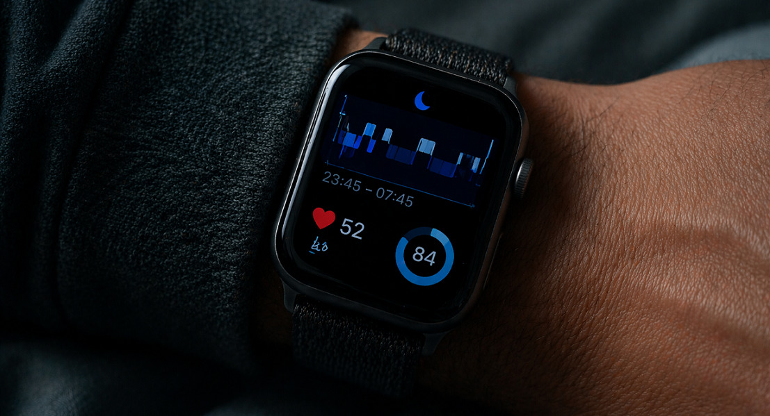 Smartwatch med s&oslash;vntracking og biometriske data i m&oslash;rkt sovev&aelig;relse